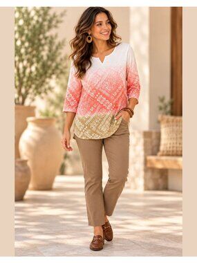 Southern Lady Womens M Ombre Tunic Top Coral Tan Geometric 3/4 Sleeve